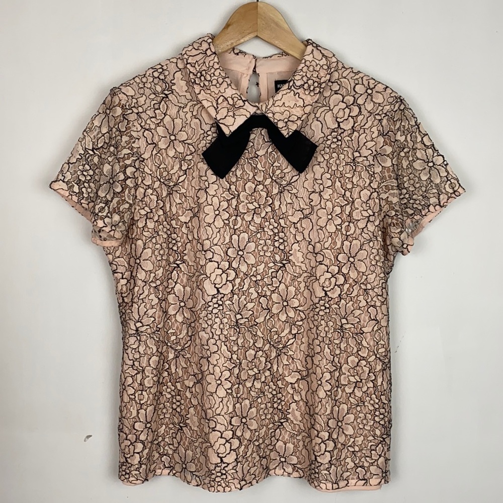 Karl Lagerfeld Blush Pink Floral Lace Short Sleeve Top with Black Bow